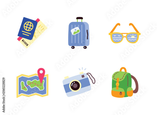Summer Travel Essentials Illustration Set with Passport, Suitcase, Sunglasses, Map, Camera and Backpack.