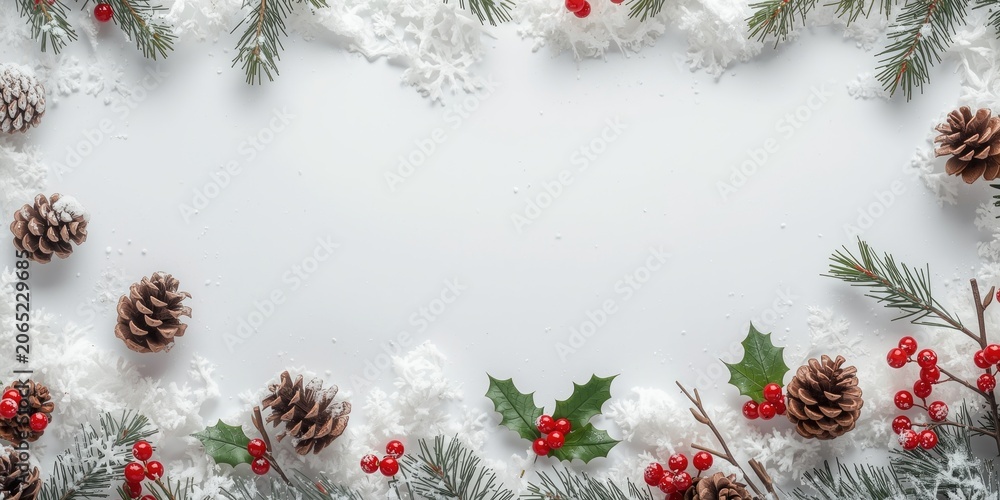 Fototapeta premium Winter holiday scene with white background decorated with snow cones and bright holly berries