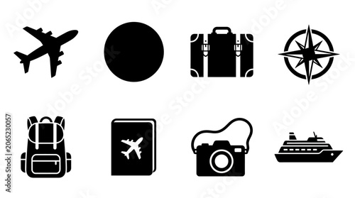 Collection of travel and vacation adventure icons.