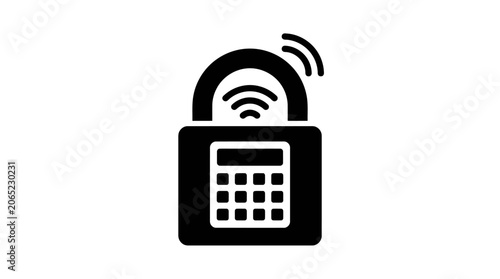 Digital smart padlock with keypad and signal icon.