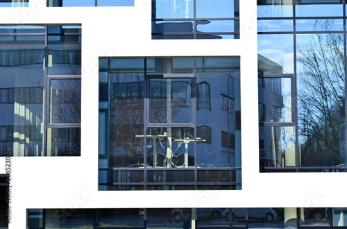 Geometric White Painted Steel Exterior Frame on Modern German Office Building  in Close Up