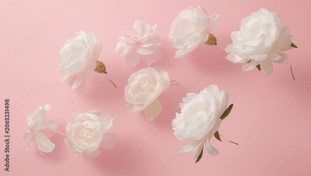 Obraz premium White flowers arranged on a pink background