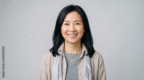 Friendly middle-aged asian woman smiling warmly while looking at camera against light grey studio background