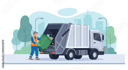 Принти на полотні Professional Waste Management Crew Collecting Trash with Garbage Truck, Municipa