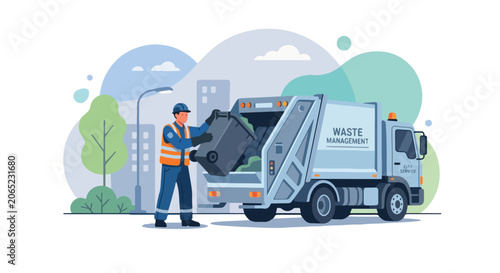 Professional Waste Management Crew Collecting Trash with Garbage Truck, Municipal Cleaning Service Illustration