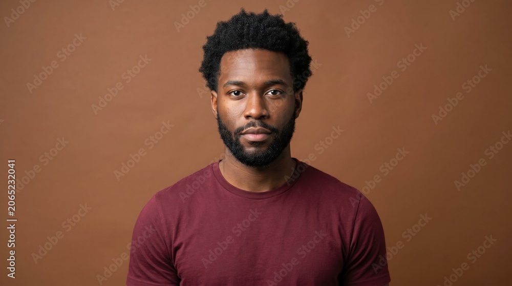 Fototapeta premium Portrait of a handsome young black man with a beard looking at the camera against a brown background, well groomed