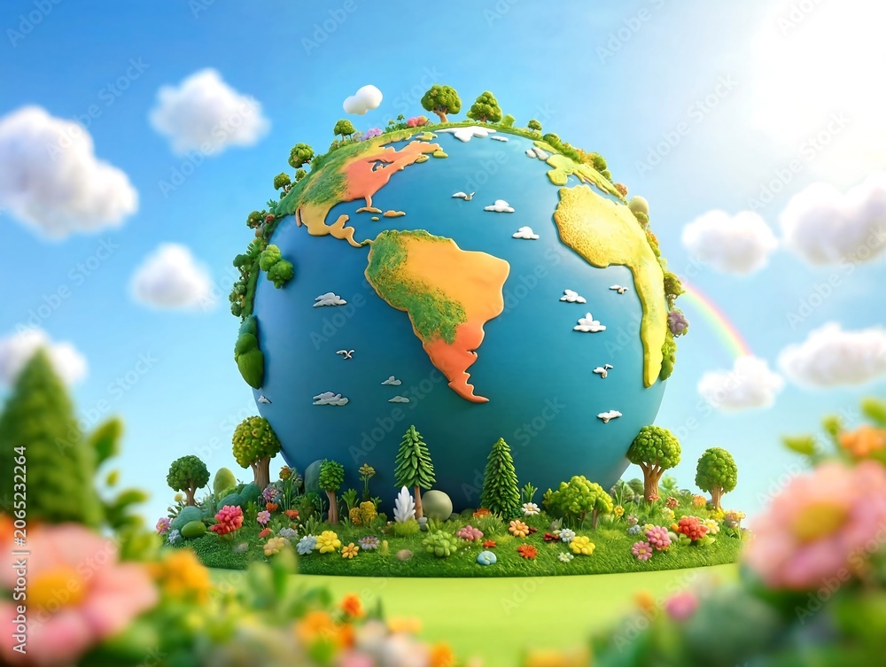 Naklejka premium Beautiful earth with trees and flowers on green grass and blue sky with clouds