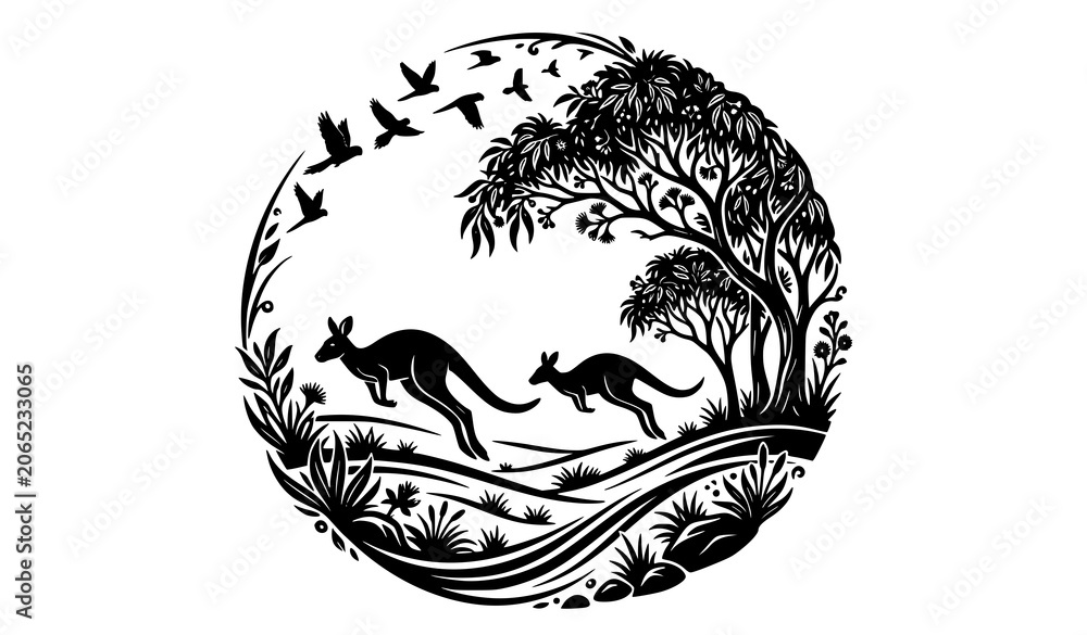 Obraz premium Jumping Kangaroos and Eucalyptus Trees Australian Nature Black Silhouette Vector Illustration