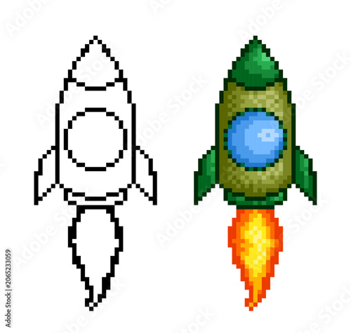 A pixel green rocket in flight.