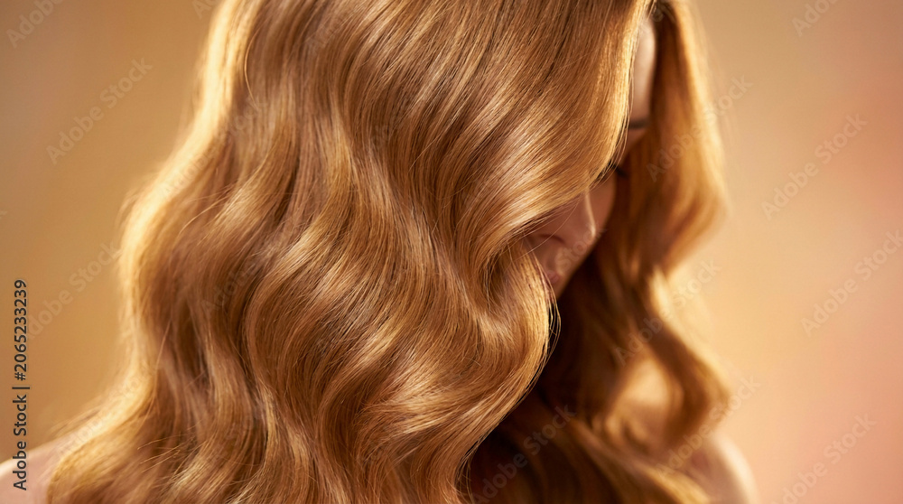 Naklejka premium Close-up of a woman's lustrous, wavy auburn hair with soft lighting