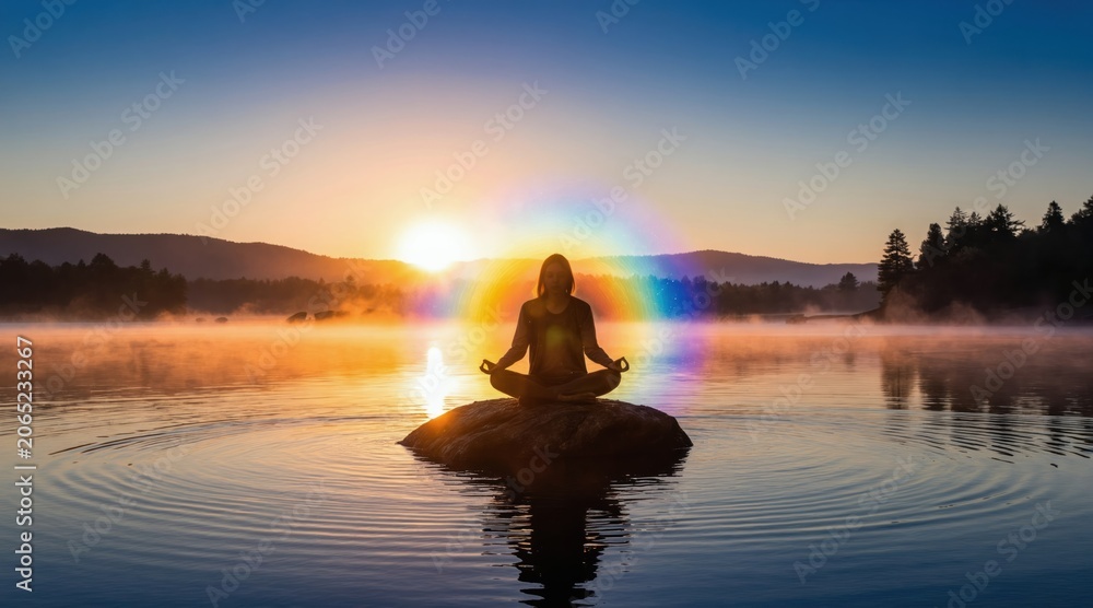 Obraz premium Person sits in lotus pose on rock in lake at dawn. Rainbow aura surrounds figure as mist rises from water reflecting sun. Calm nature scene promotes inner peace.
