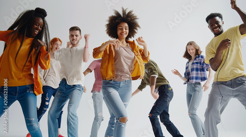 Group of diverse energetic young friends dancing together in a modern bright studio with happiness movement cheerful celebration lifestyle togetherness