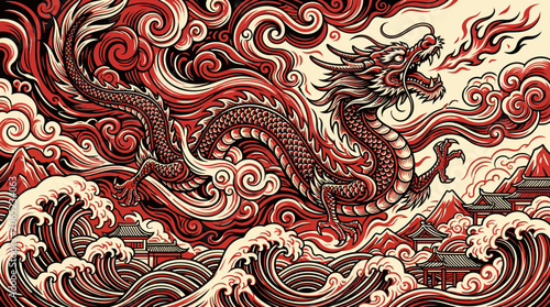 Traditional East Asian Dragon Illustration with Red Clouds and Crashing Ocean Waves