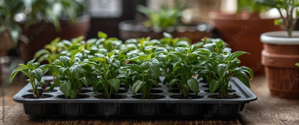 Fototapeta premium Trays of young green plants in a sunny indoor garden