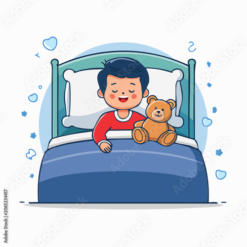 Boy Sleeping in Bed with Teddy Bear