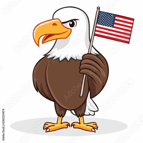 Cartoon Bald Eagle Holding American Flag