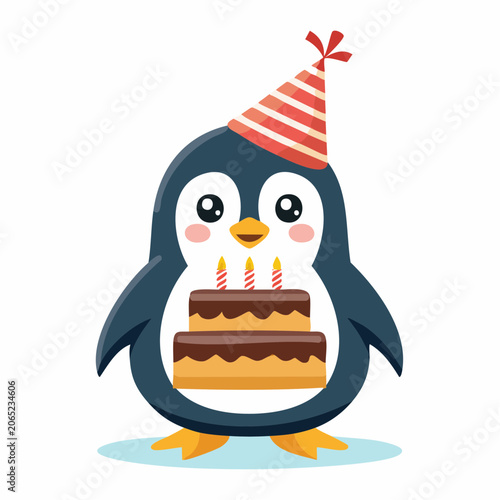 Cute Penguin Wearing Party Hat Holding Birthday Cake