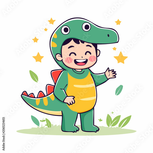 Cute Child in Dinosaur Costume Waving