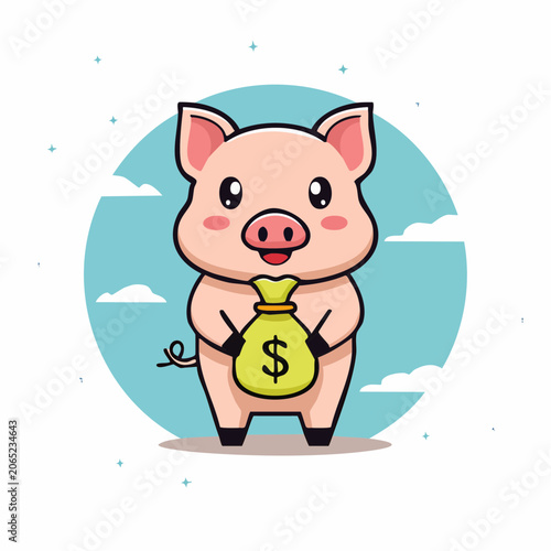 Cute Pig Holding Money Bag