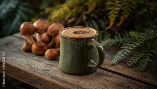 Wholesome mushroom coffee presented in a green mug on an aged wooden table featuring sizable mushrooms and lush natural foliage
