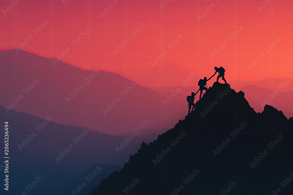 Fototapeta premium Silhouettes of Climbers Reaching Mountain Summit at Sunset.