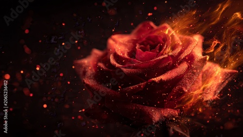 Dramatic burning red rose engulfed in flames and glowing sparks on a dark background