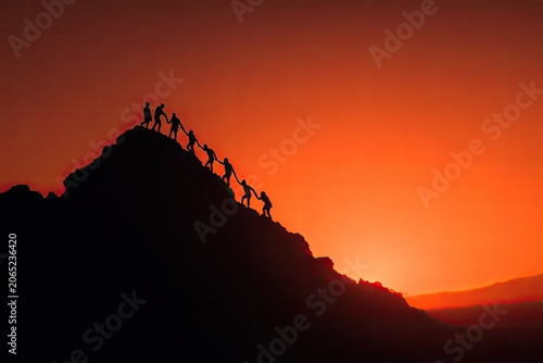 Group Climbing Mountain Silhouette Against Sunset Sky.