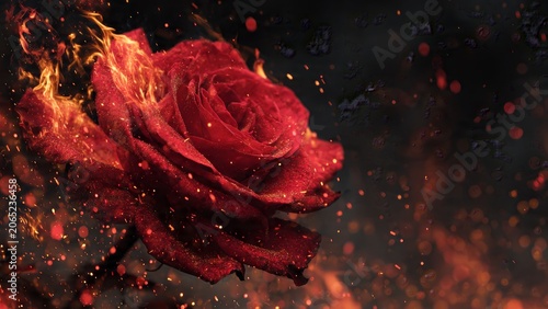 Red Rose Burning in Flames with Sparks and Embers on Dark Background
