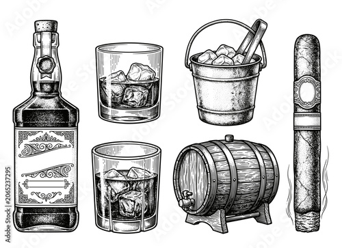 Foto Whiskey and cigar collection with barrels, glasses and ice cubes, hand drawn vin