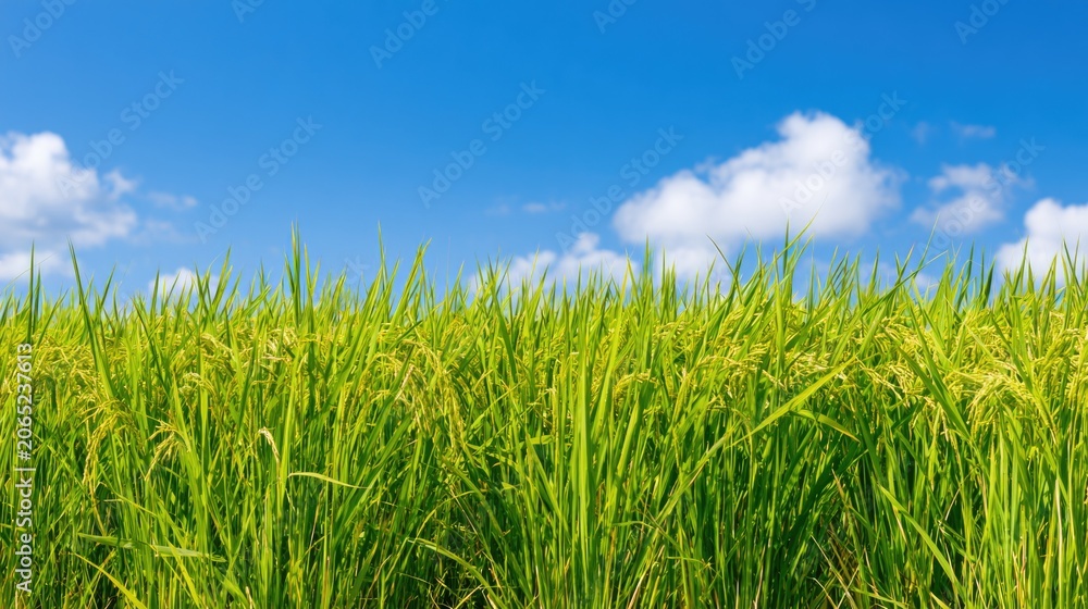 Fototapeta premium Lush Green Rice Field Under Bright Blue Sky with White Clouds in Rural Agricultural Landscape