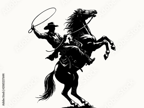 Silhouette Cowboy Riding Rearing Horse with Lasso – Wild West Rodeo Vector Illustration