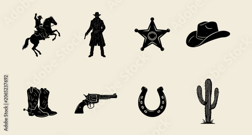 Fotografía Wild West Cowboy Icon Set with Sheriff Star, Revolver and Cactus Silhouettes