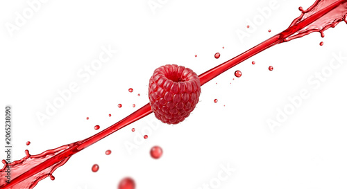 Distant shot of a raspberry with a sharp diagonal red juice jet stream behind it