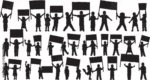 Fotografie Silhouettes of large crowd of people holding blank signs for protests and marche