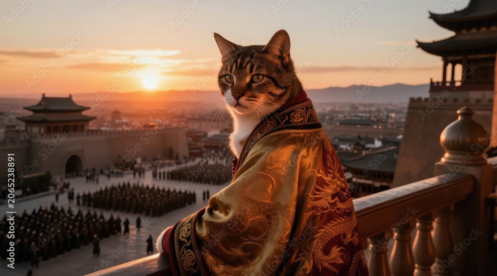 Obraz premium Tabby cat in golden robe watches army gathering in ancient city at sunset. Feline leader gazes over imperial courtyard from balcony. Majestic animal overlooks oriental architecture. Epic fantasy