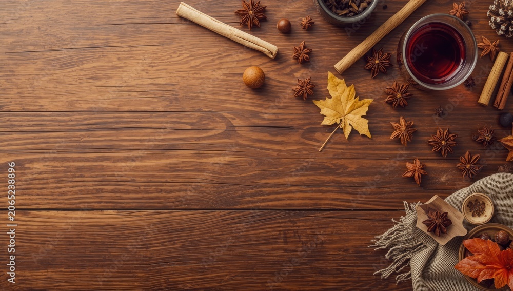 Obraz premium Rich mulled wine and spice elements on warm wooden surface including copy space