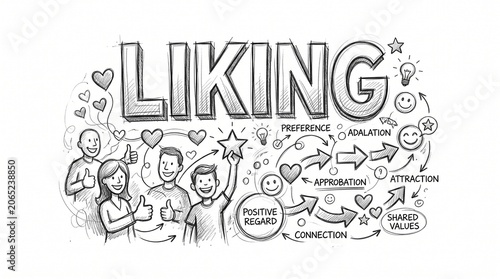 Liking concept doodle illustration, social media marketing and positive regard sketch, hand drawn business strategy infographic with people and hearts