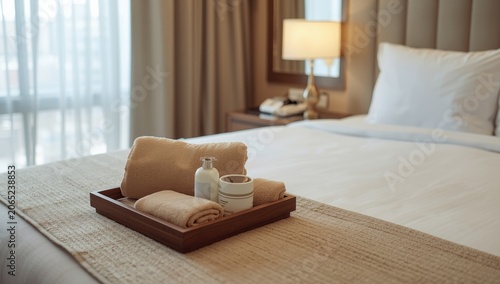 Towels and toiletries on a tray in a hotel room