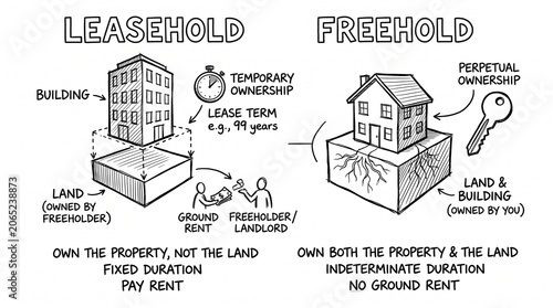 Leasehold vs freehold property ownership comparison, real estate legal rights infographic, house and land tenure diagram in hand-drawn doodle style