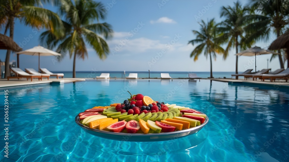 Obraz premium Fresh fruit platter floating in tropical resort pool