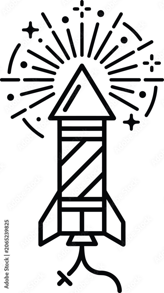 Fototapeta premium Exploding firework rocket vector icon with line art black and white firework