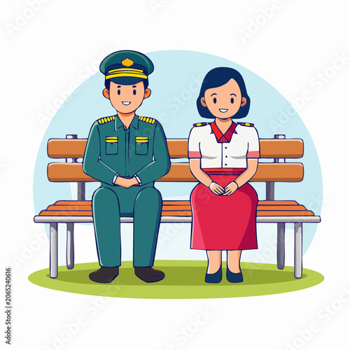 Cartoon illustration of a man and woman in uniform sitting on a park bench