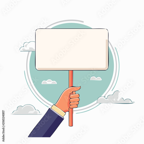Hand holding blank protest sign with clouds and circle background