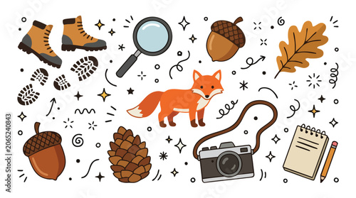 Autumn forest adventure set with fox boots camera and nature elements.