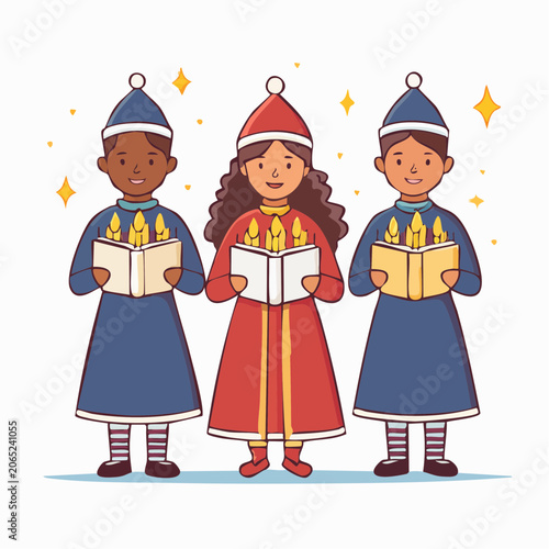 Children singing carols with candles and books