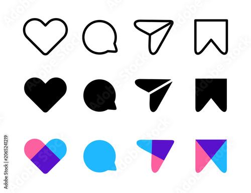 Collection of modern UI vector icons featuring like, comment, message, share, bookmark, symbols. Perfect for mobile apps, websites, dashboards, and user interface