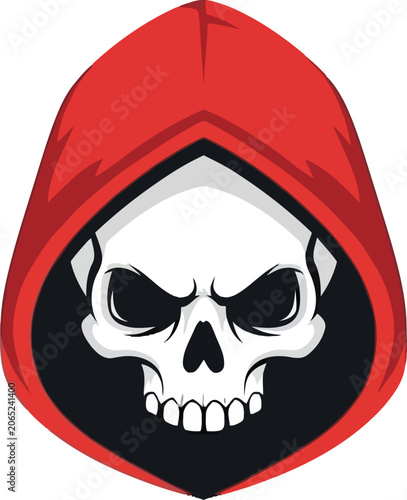Skull wearing red hooded face mask.