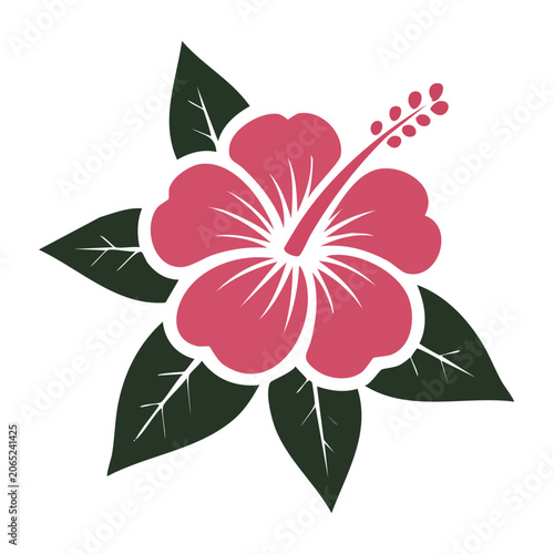 Pink Hibiscus Flower Icon with Green Leaves