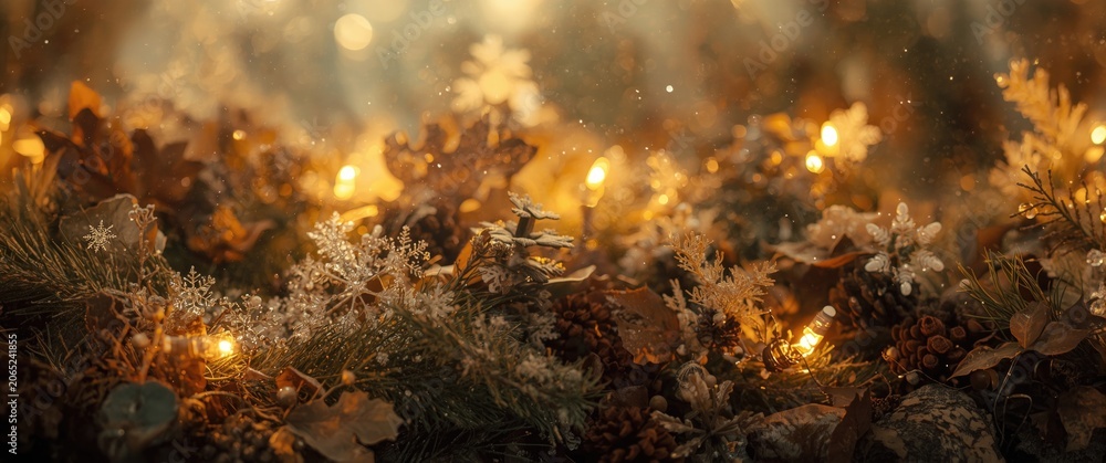 Fototapeta premium Seasonal gathering scene decorated with amber lights and snowflakes highlighting grassy and wooden elements