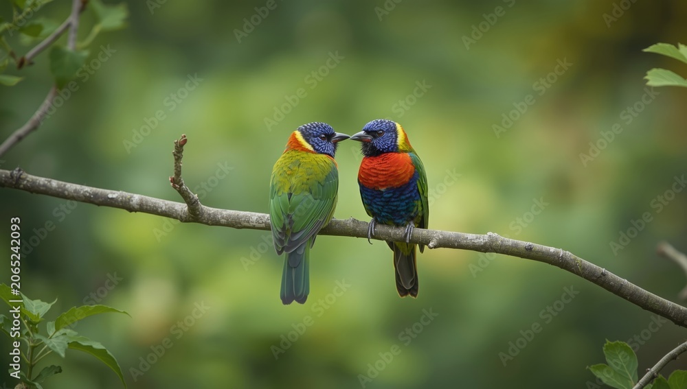 Fototapeta premium Two colorful birds perched closely on a tree branch